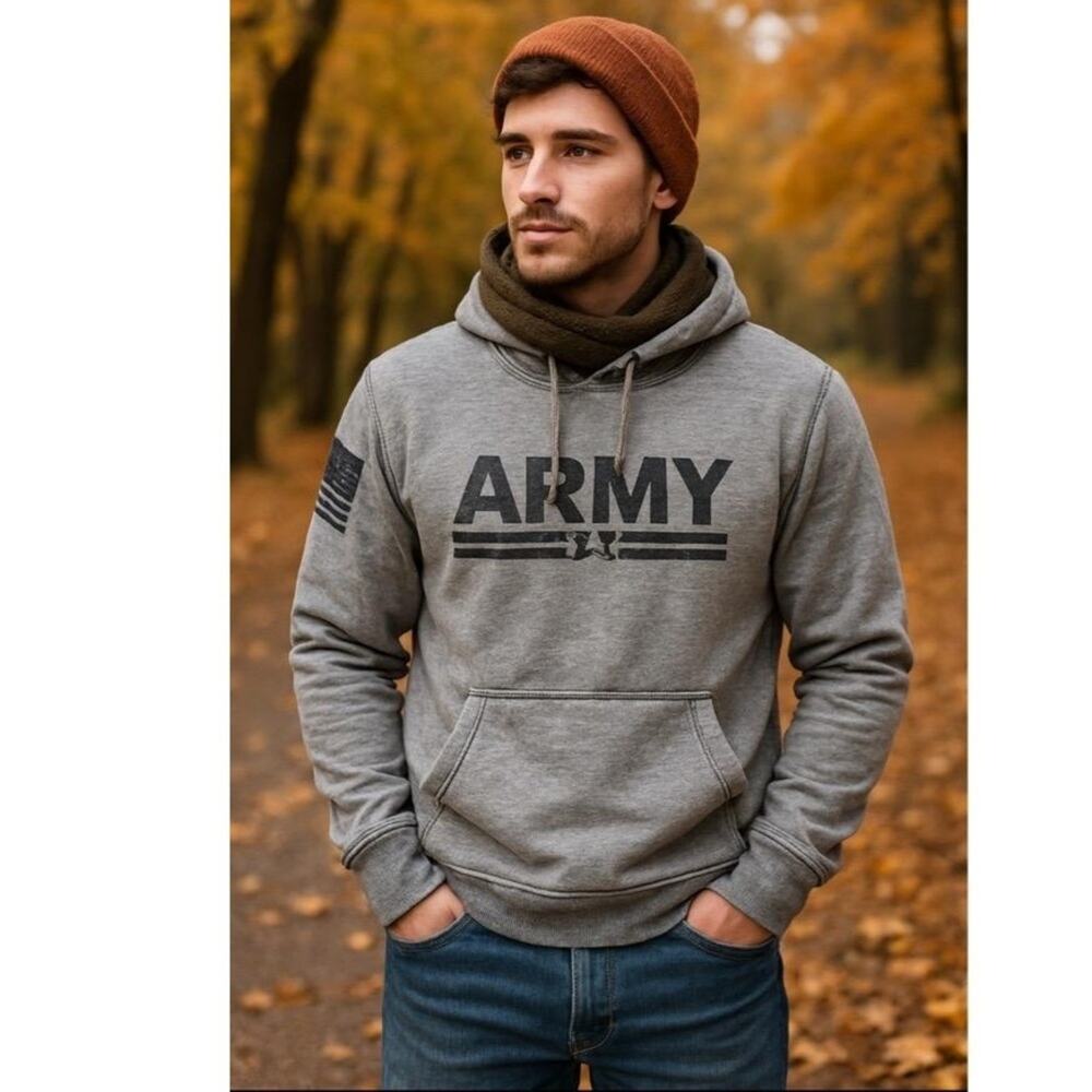 Army Performance Gray Graphic Kangaroo Pocket Pullover Hoodie‎ Medium